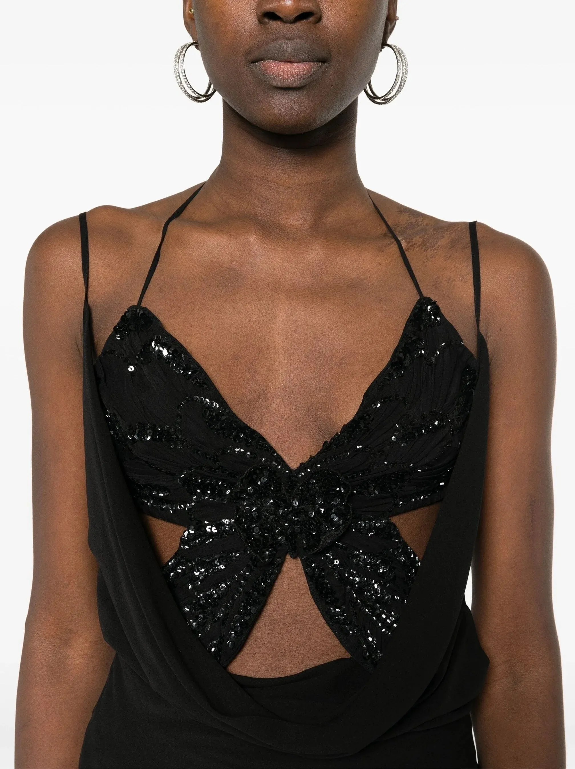 Butterfly-Embellished Draped Silk Mini Dress in Black