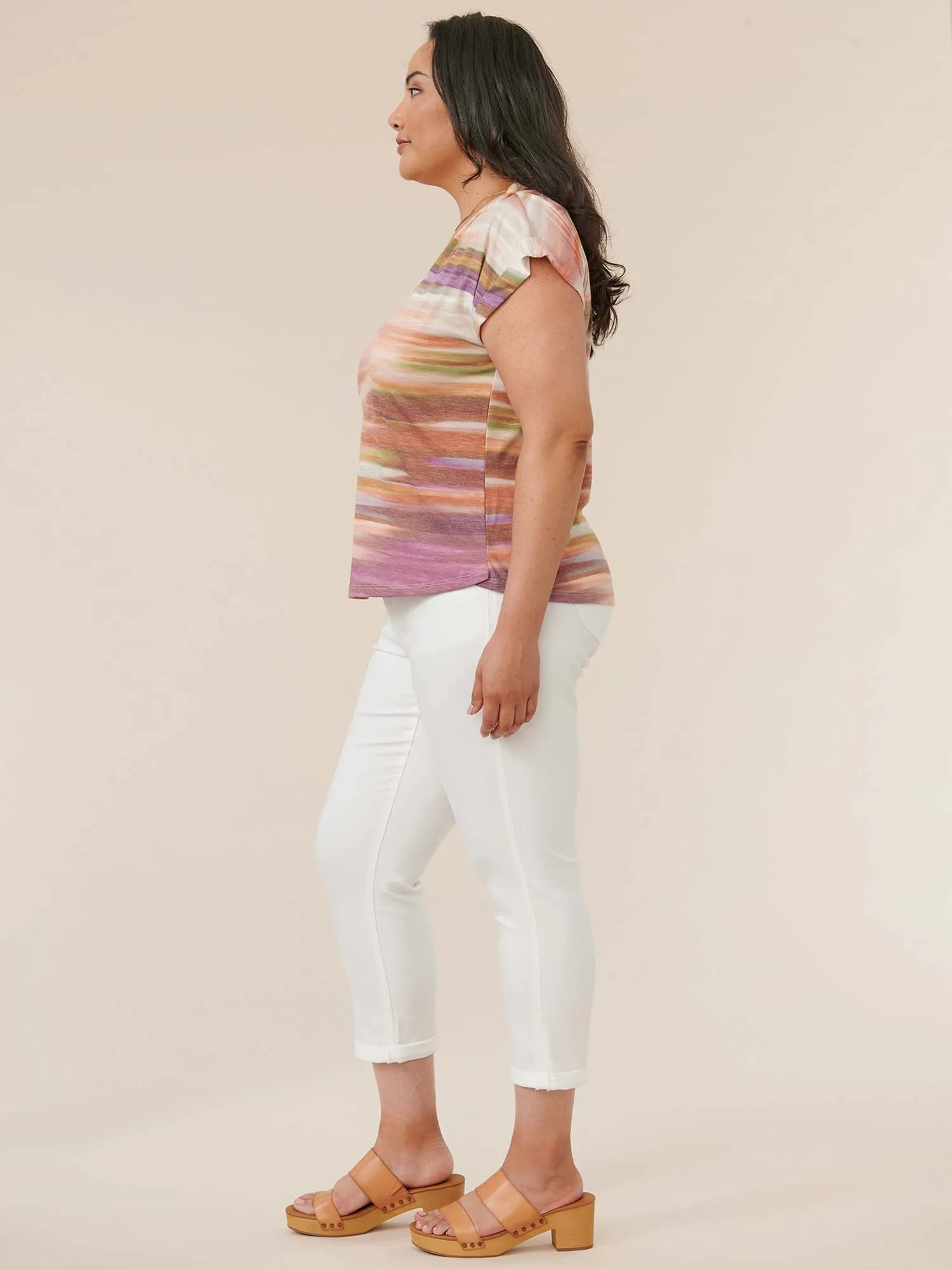 Cap Sleeve Ruched Shoulder Watercolor Stripe Plus Knit Tee