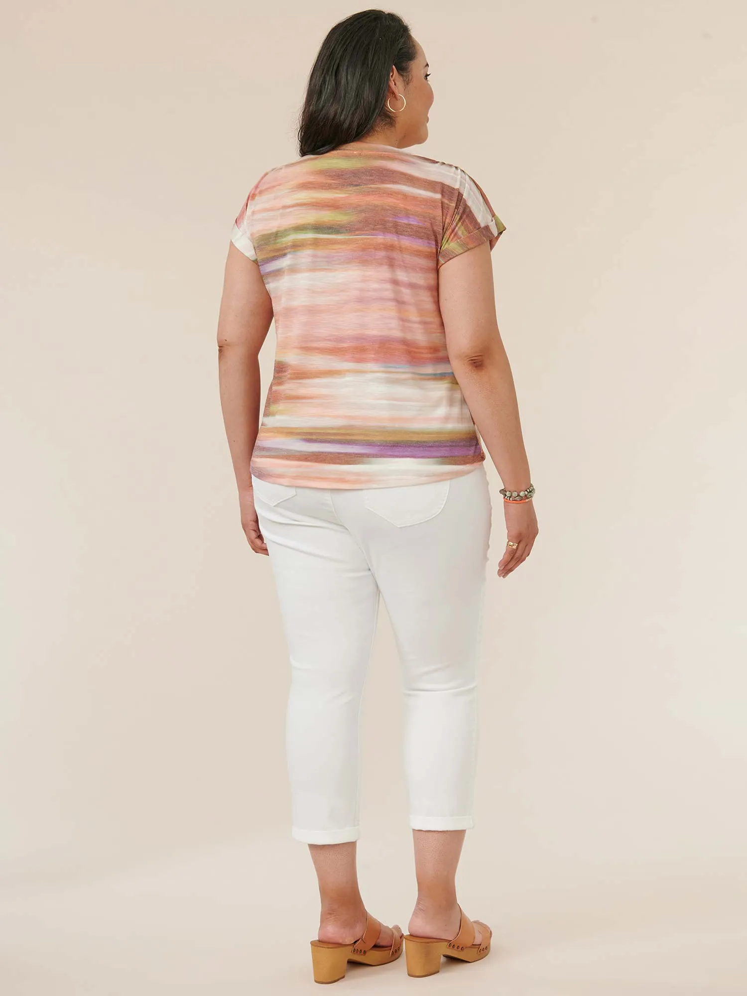 Cap Sleeve Ruched Shoulder Watercolor Stripe Plus Knit Tee