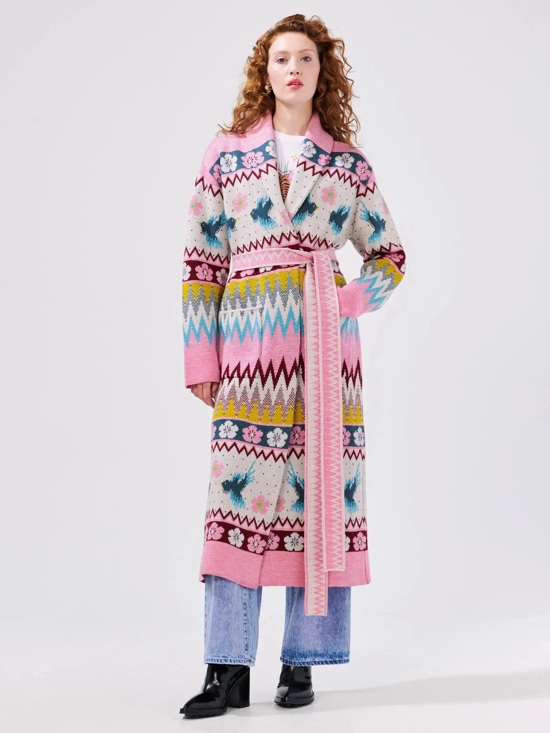 Charming Birds Merino Jacquard Knitted Coat