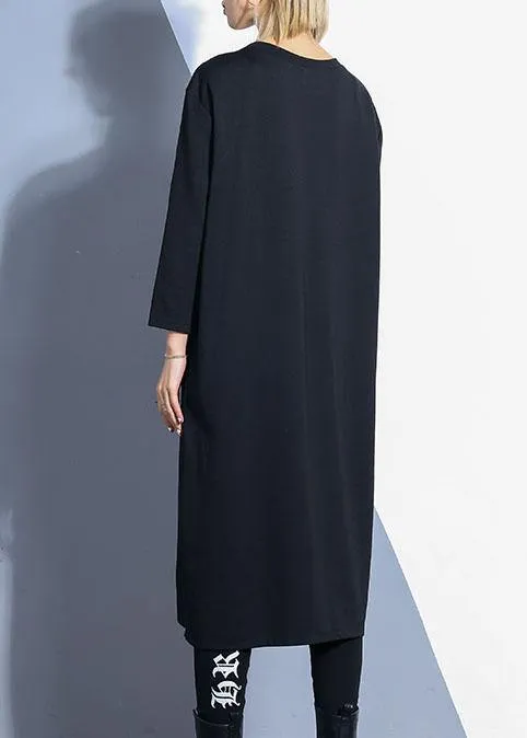 Chic black o neck cotton Tunics zippered Maxi fall Dresses