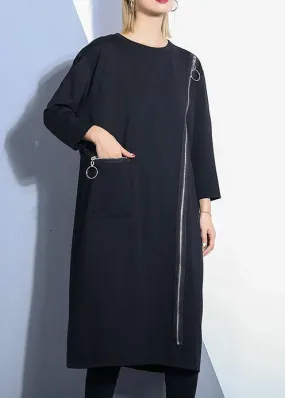 Chic black o neck cotton Tunics zippered Maxi fall Dresses