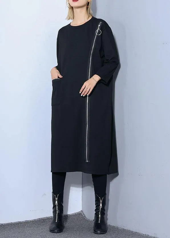 Chic black o neck cotton Tunics zippered Maxi fall Dresses