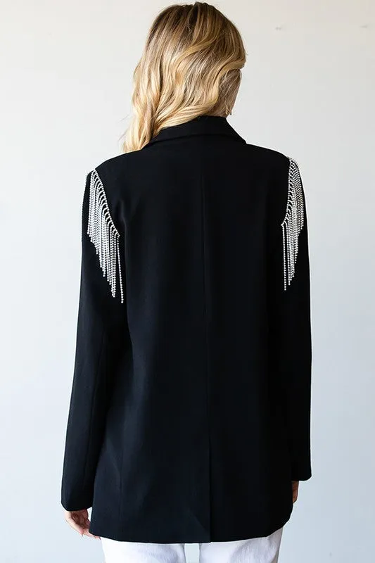 Chic Executive Officer Rhinestone Fringe Black Blazer