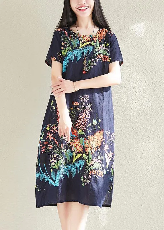 Classy navy prints cotton Tunics short sleeve oversized summer Dresses