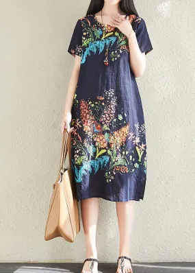 Classy navy prints cotton Tunics short sleeve oversized summer Dresses