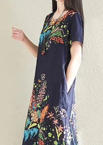 Classy navy prints cotton Tunics short sleeve oversized summer Dresses