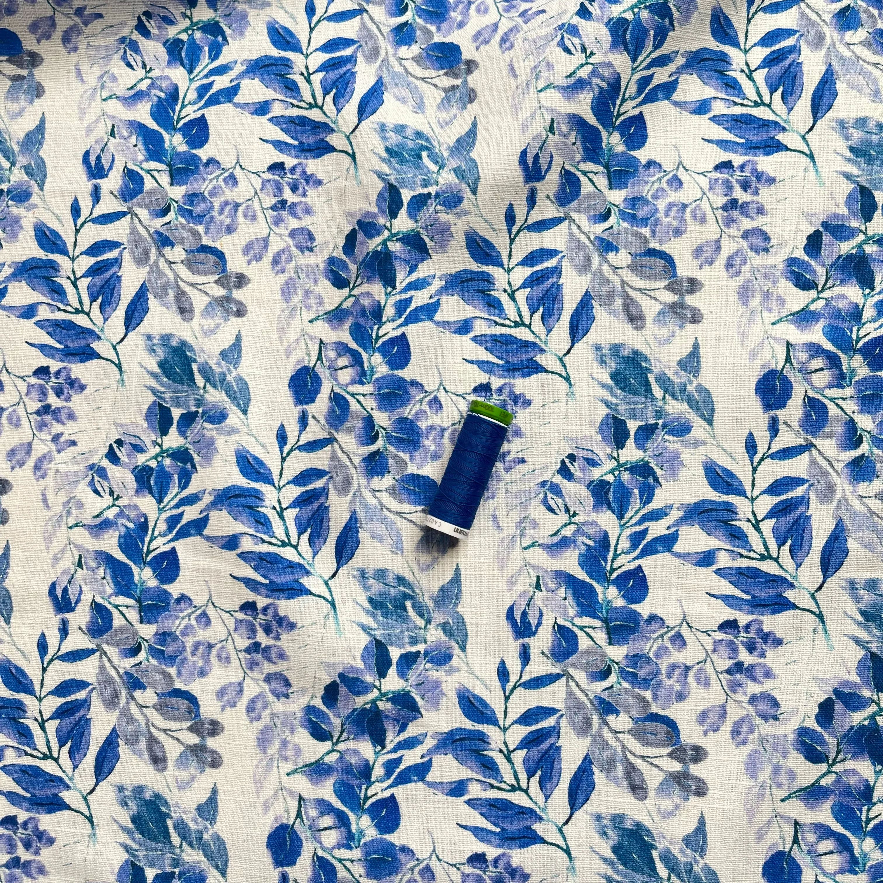 Cobalt Leaves Linen Cotton Blend Fabric