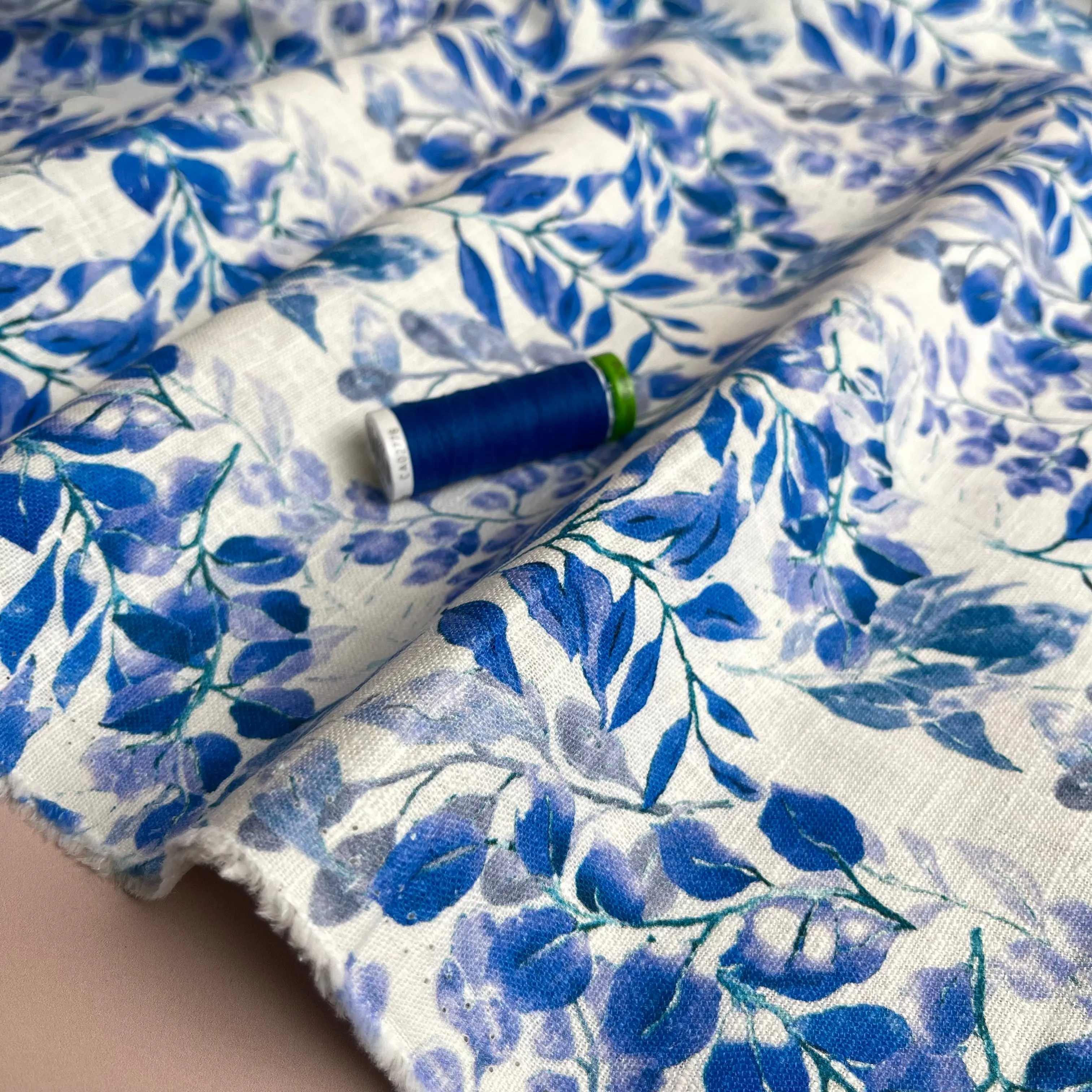 Cobalt Leaves Linen Cotton Blend Fabric