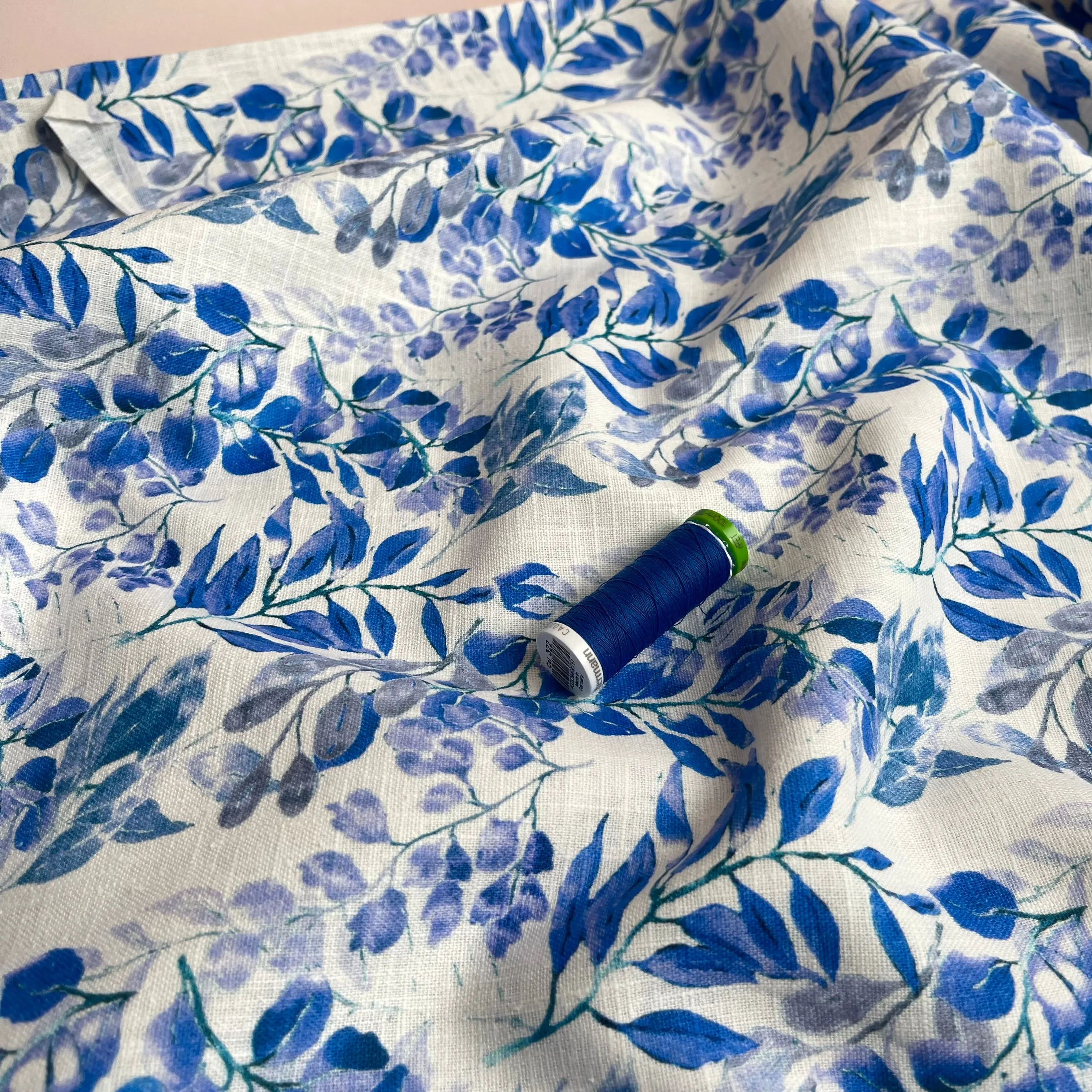 Cobalt Leaves Linen Cotton Blend Fabric