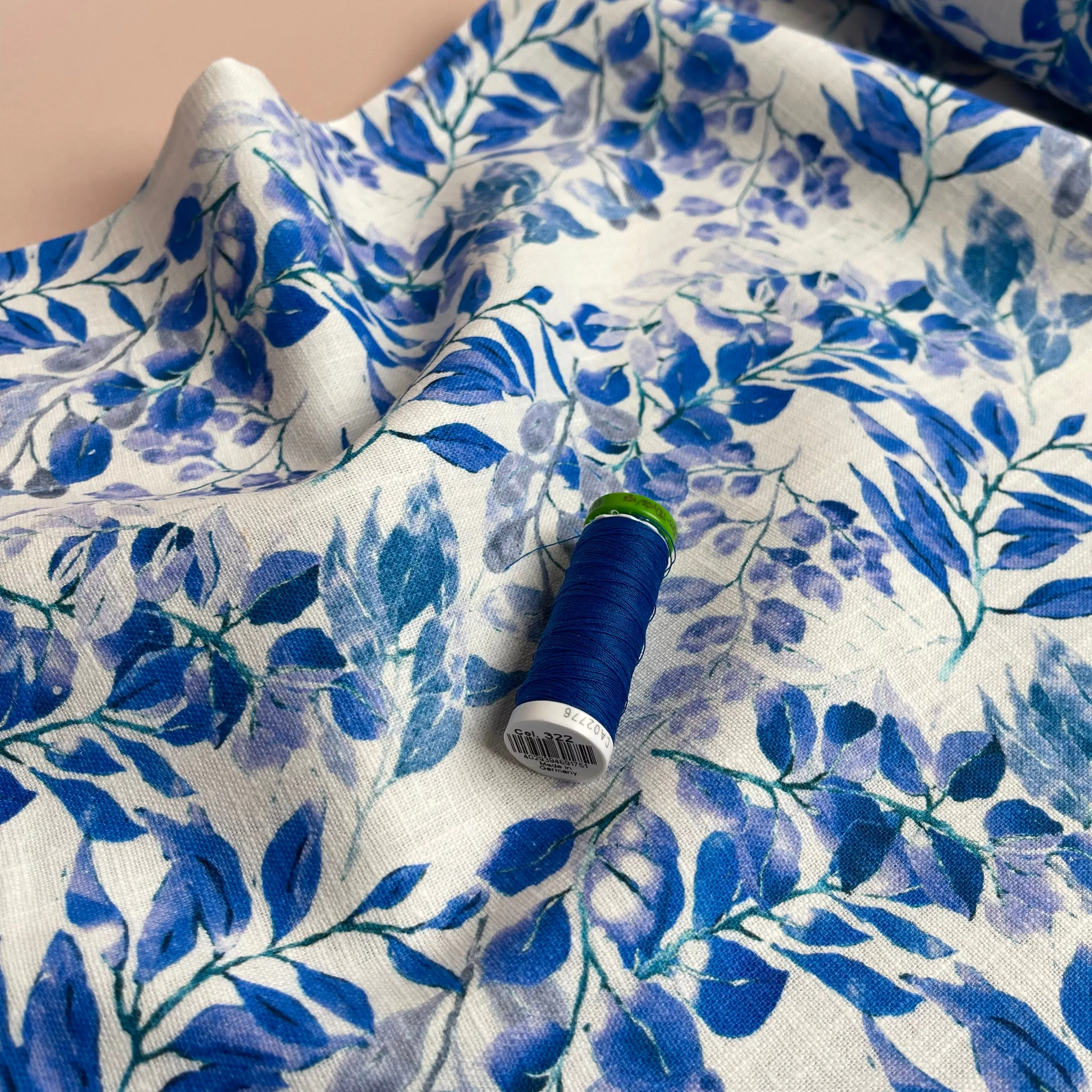 Cobalt Leaves Linen Cotton Blend Fabric