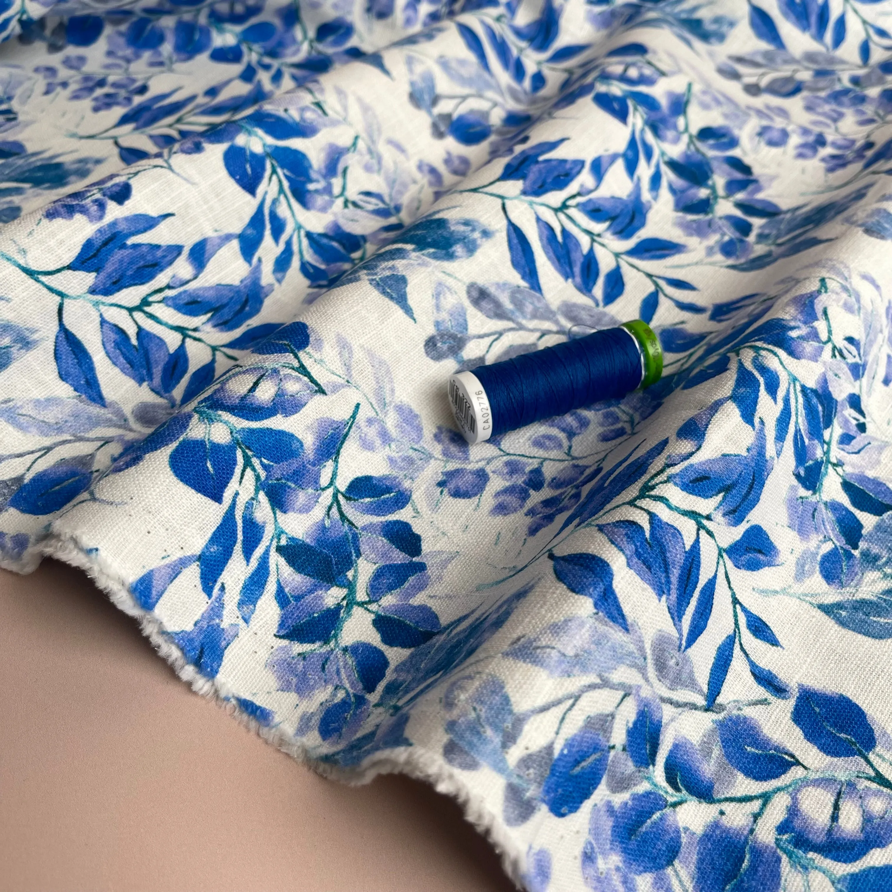 Cobalt Leaves Linen Cotton Blend Fabric