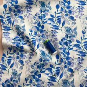 Cobalt Leaves Linen Cotton Blend Fabric