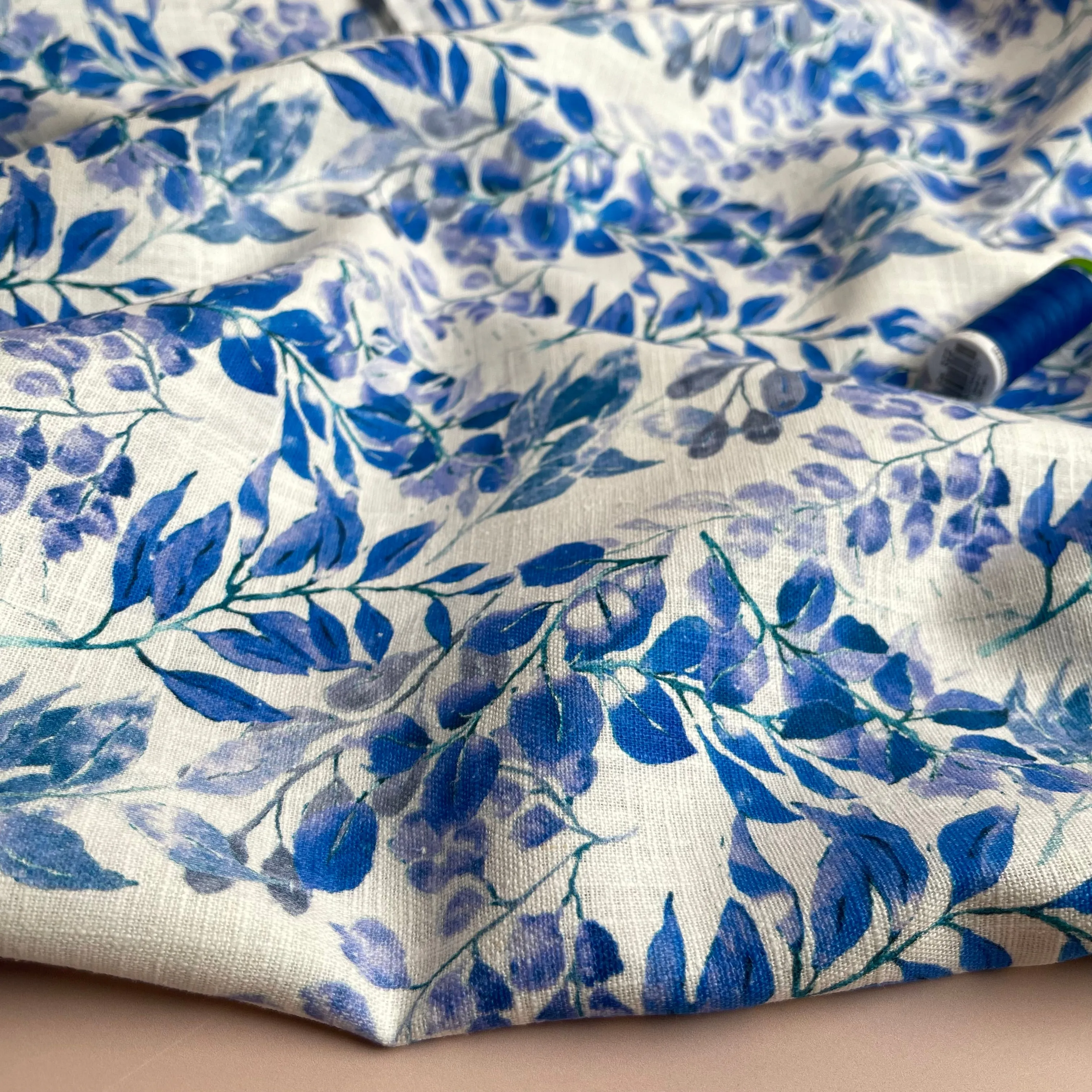 Cobalt Leaves Linen Cotton Blend Fabric