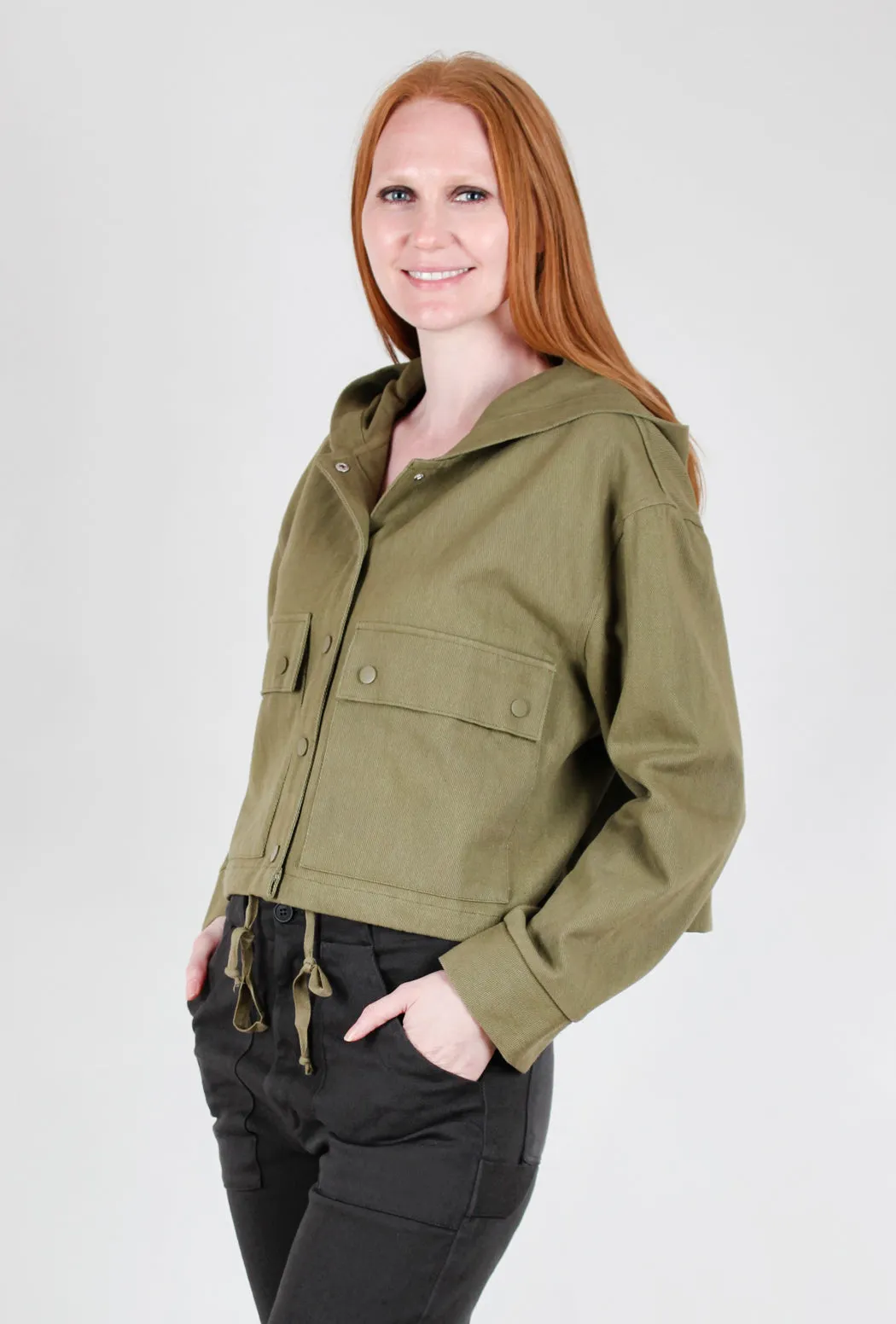 Crop Snap Button Hoodie, Olive