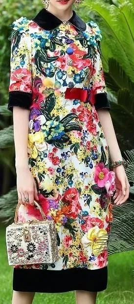 Crystal Button Embellished Floral Applique/Print Dress - Multi Color