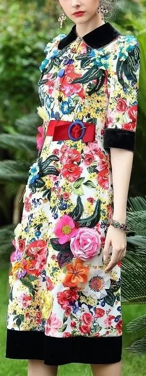 Crystal Button Embellished Floral Applique/Print Dress - Multi Color