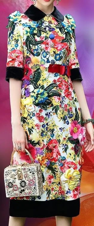 Crystal Button Embellished Floral Applique/Print Dress - Multi Color