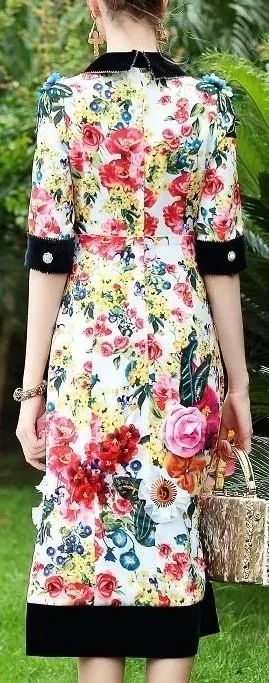 Crystal Button Embellished Floral Applique/Print Dress - Multi Color