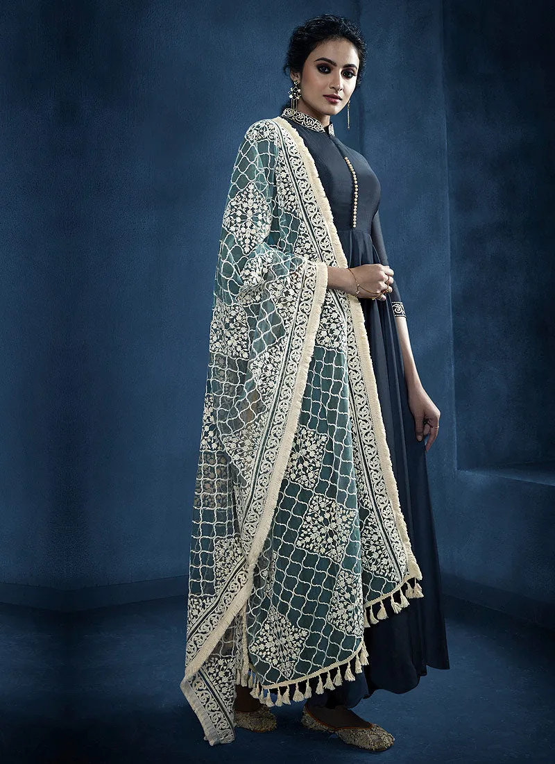 Dark Blue Lucknowi Anarkali Suit