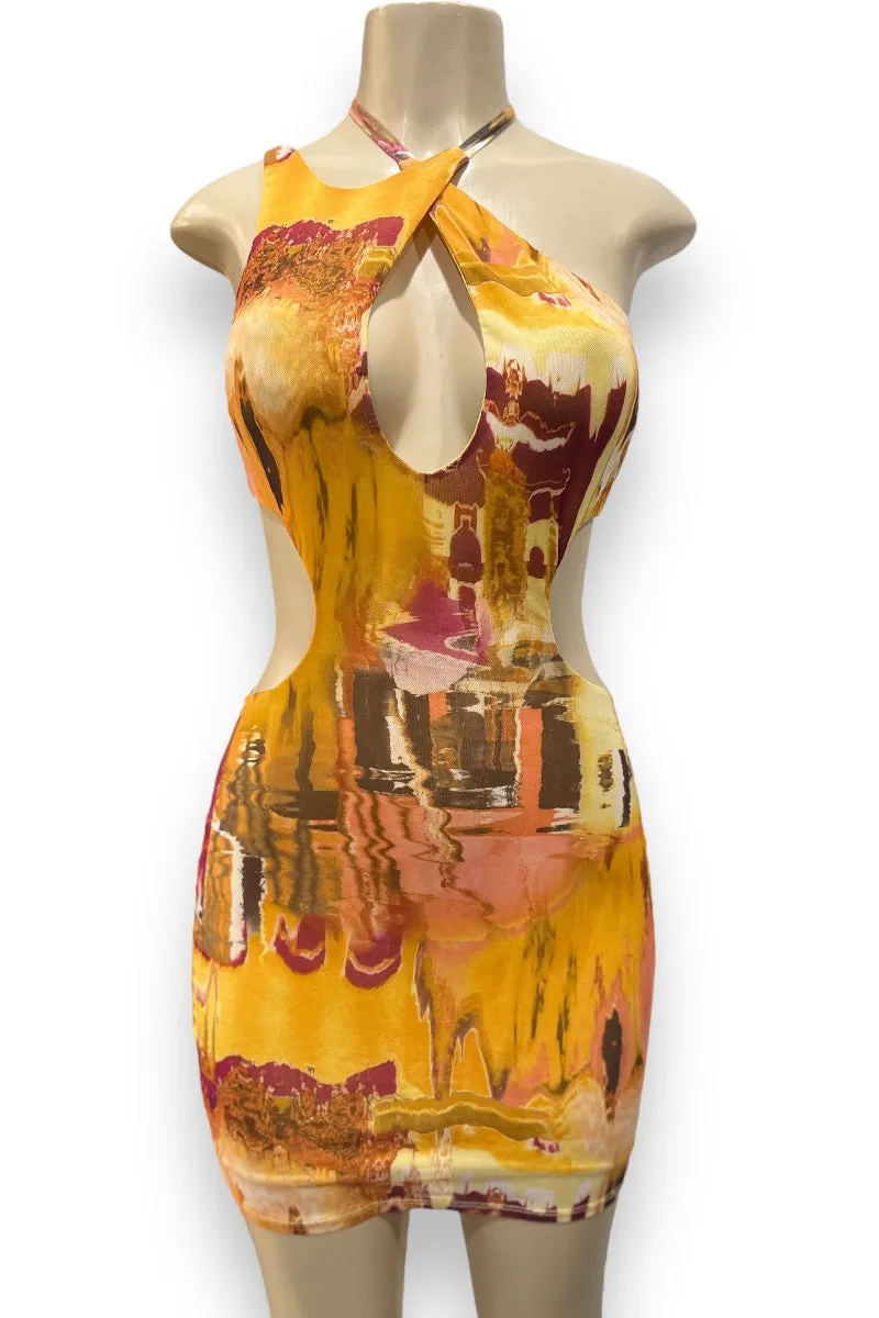 Distorted Print Halter Cut Out Dress