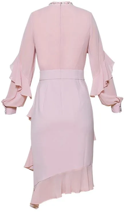 Embellished-Collar Asymmetrical Ruffle Dress