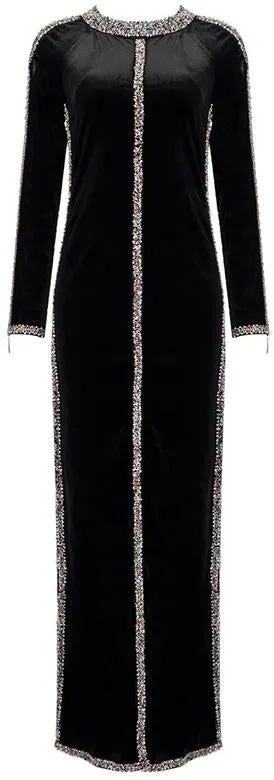 Embellished Long Black Velvet Gown