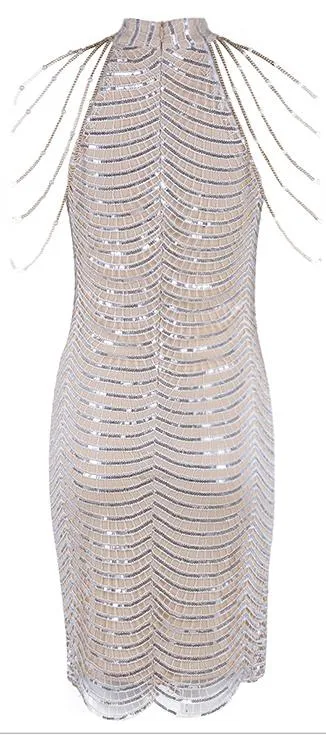 Embellished Paneled Strappy Halter Mini Dress