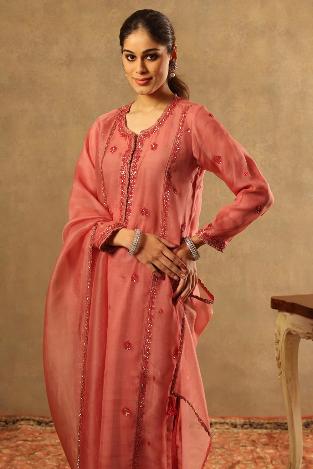 Embroidered Dusty Blush Pink Katan Silk Kurta Set