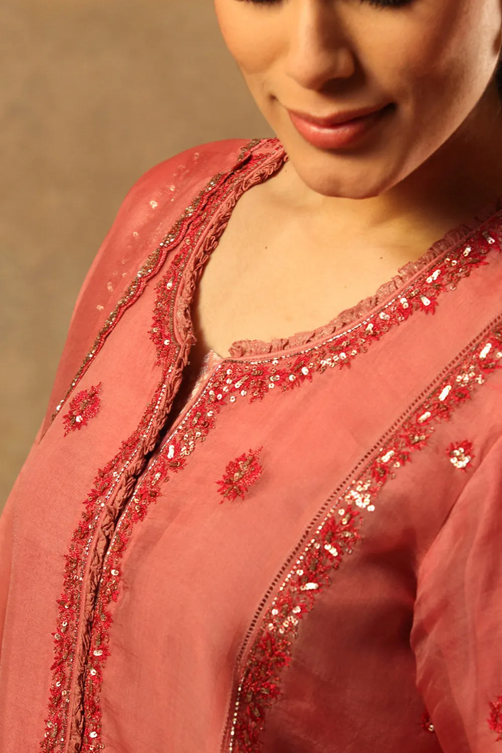 Embroidered Dusty Blush Pink Katan Silk Kurta Set