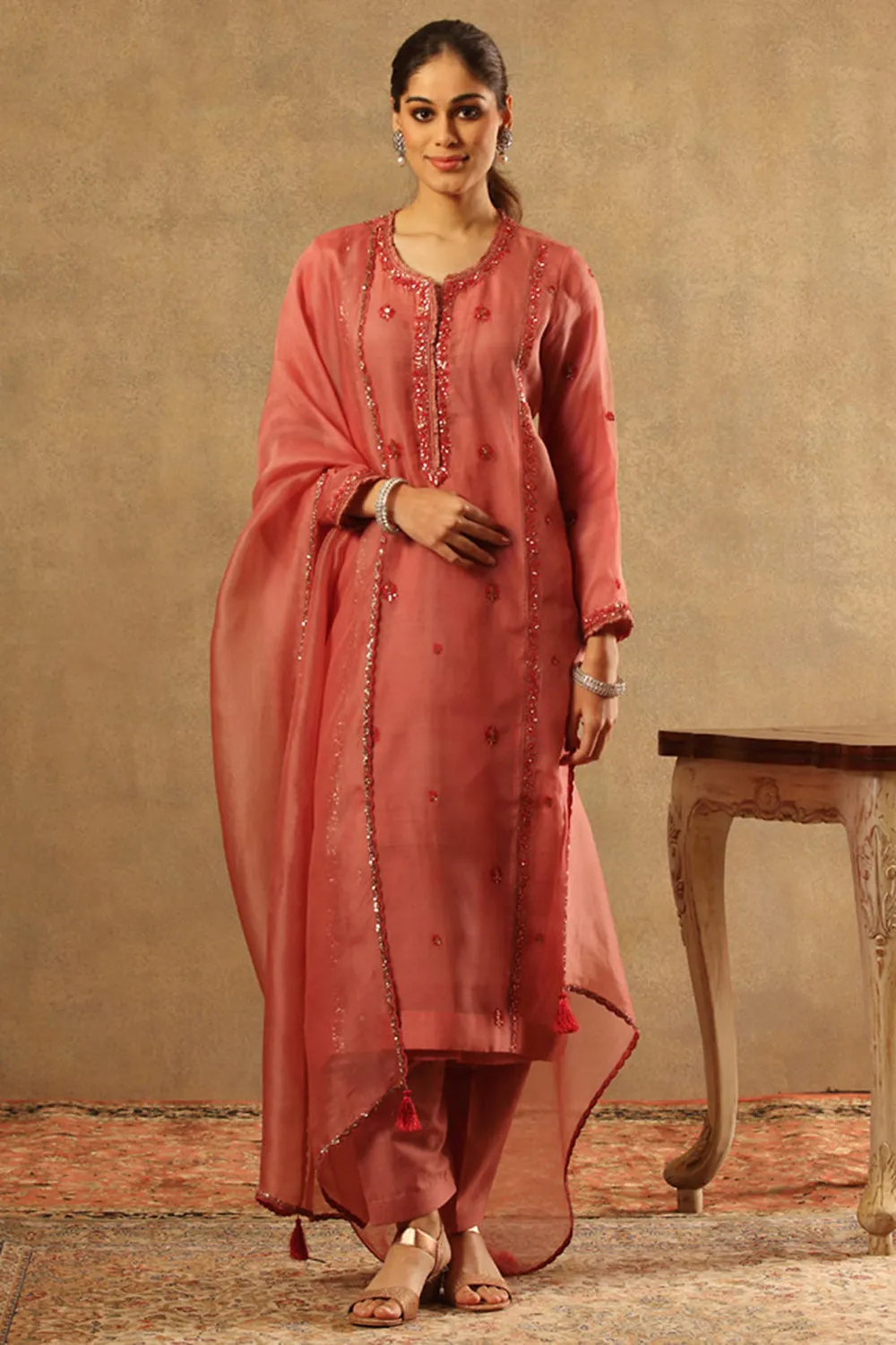 Embroidered Dusty Blush Pink Katan Silk Kurta Set