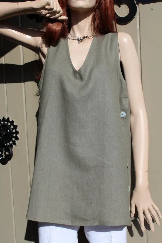 EVA TRALALA Womens Sleeveless Linen Tunic with Buttons NATUR