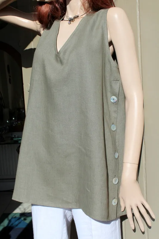 EVA TRALALA Womens Sleeveless Linen Tunic with Buttons NATUR