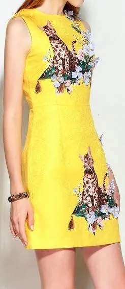 Floral-Appliques Cat Jacquard Mini Dress, Yellow