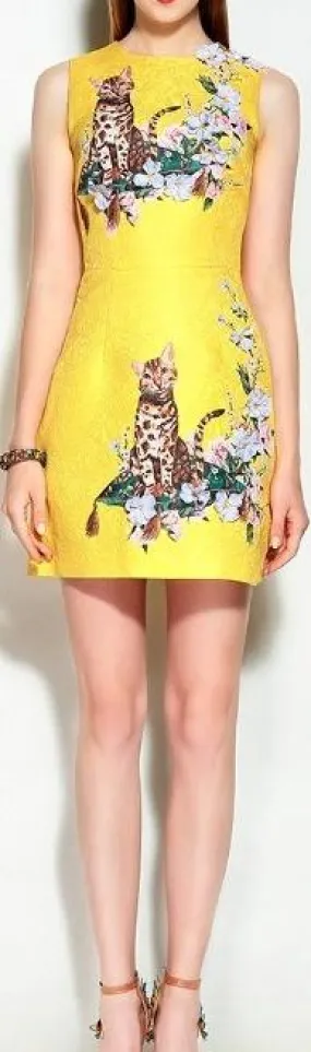 Floral-Appliques Cat Jacquard Mini Dress, Yellow