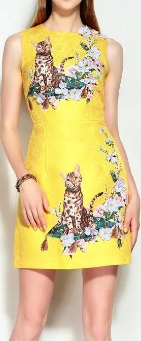 Floral-Appliques Cat Jacquard Mini Dress, Yellow