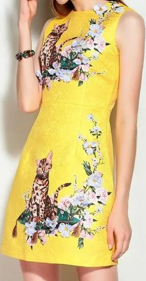 Floral-Appliques Cat Jacquard Mini Dress, Yellow