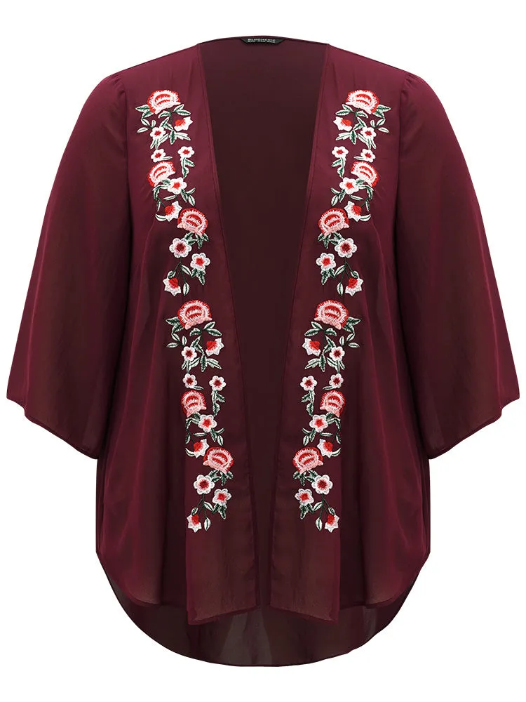 Floral Embroidered Mesh High Low Hem Kimono