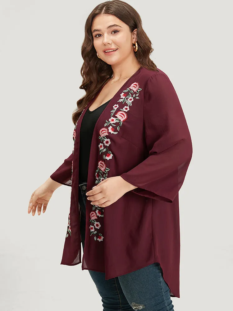 Floral Embroidered Mesh High Low Hem Kimono