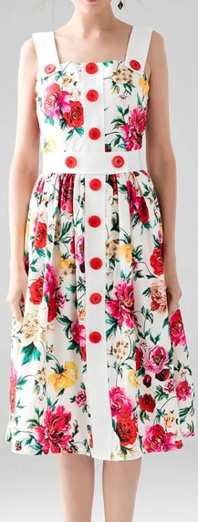 Floral Printed Button-Embellished Summer Dress