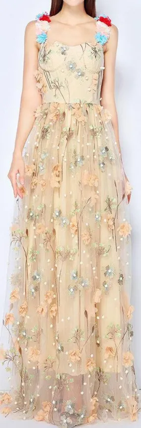 Flower-Appliques Embroidered Mesh Gown