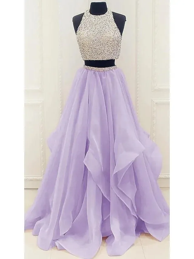 Gown Prom Dresses Sparkle & Shine Dress Party Wear Floor Length Sleeveless Halter Organza with Sequin