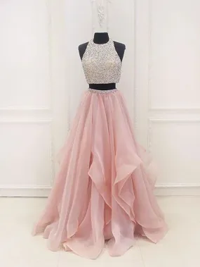 Gown Prom Dresses Sparkle & Shine Dress Party Wear Floor Length Sleeveless Halter Organza with Sequin