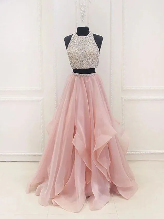 Gown Prom Dresses Sparkle & Shine Dress Party Wear Floor Length Sleeveless Halter Organza with Sequin