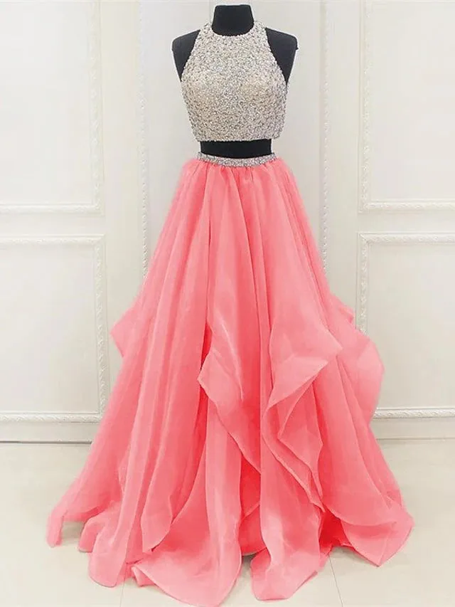 Gown Prom Dresses Sparkle & Shine Dress Party Wear Floor Length Sleeveless Halter Organza with Sequin