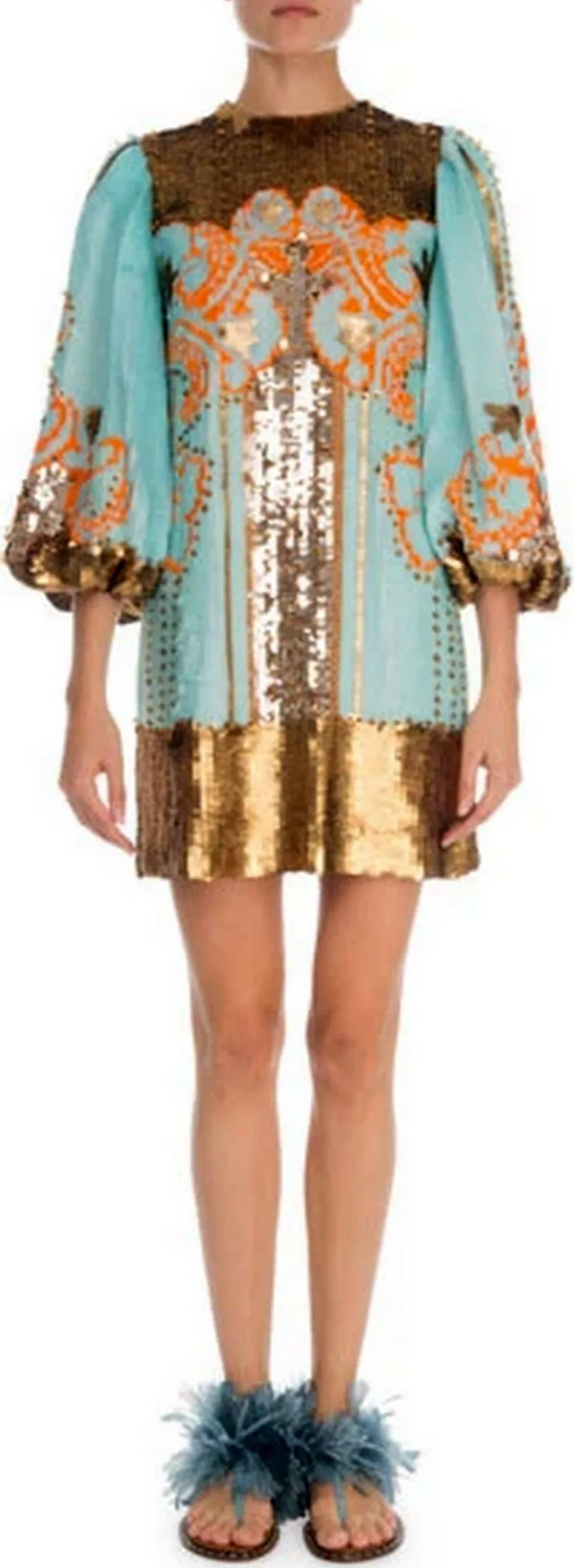 Half-Sleeve Sequin Embroidered Mini Dress