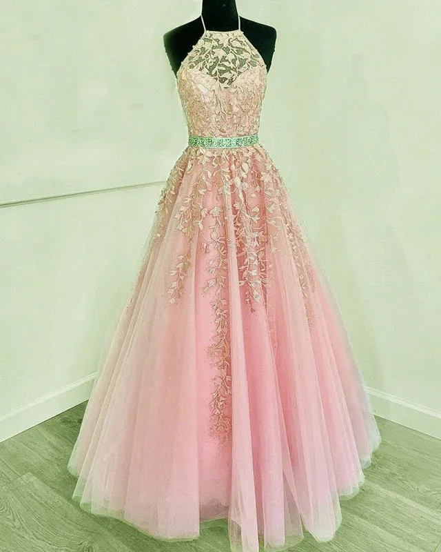 Halter Prom Dresses Tulle Ball Gown Appliques A-Line Princess