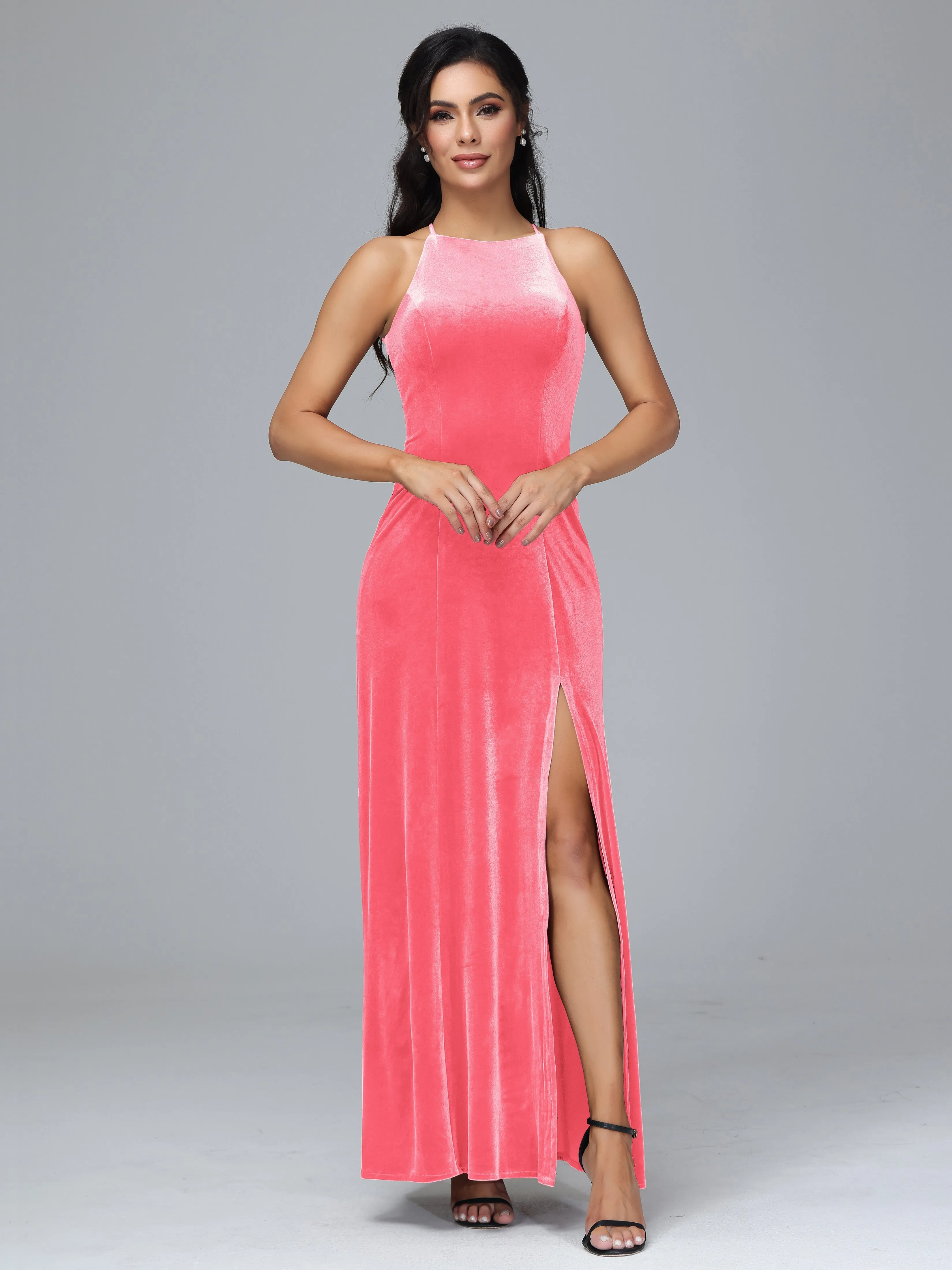 Halter Sleeveless Velvet Plus Size Bridesmaid Dresses With Split