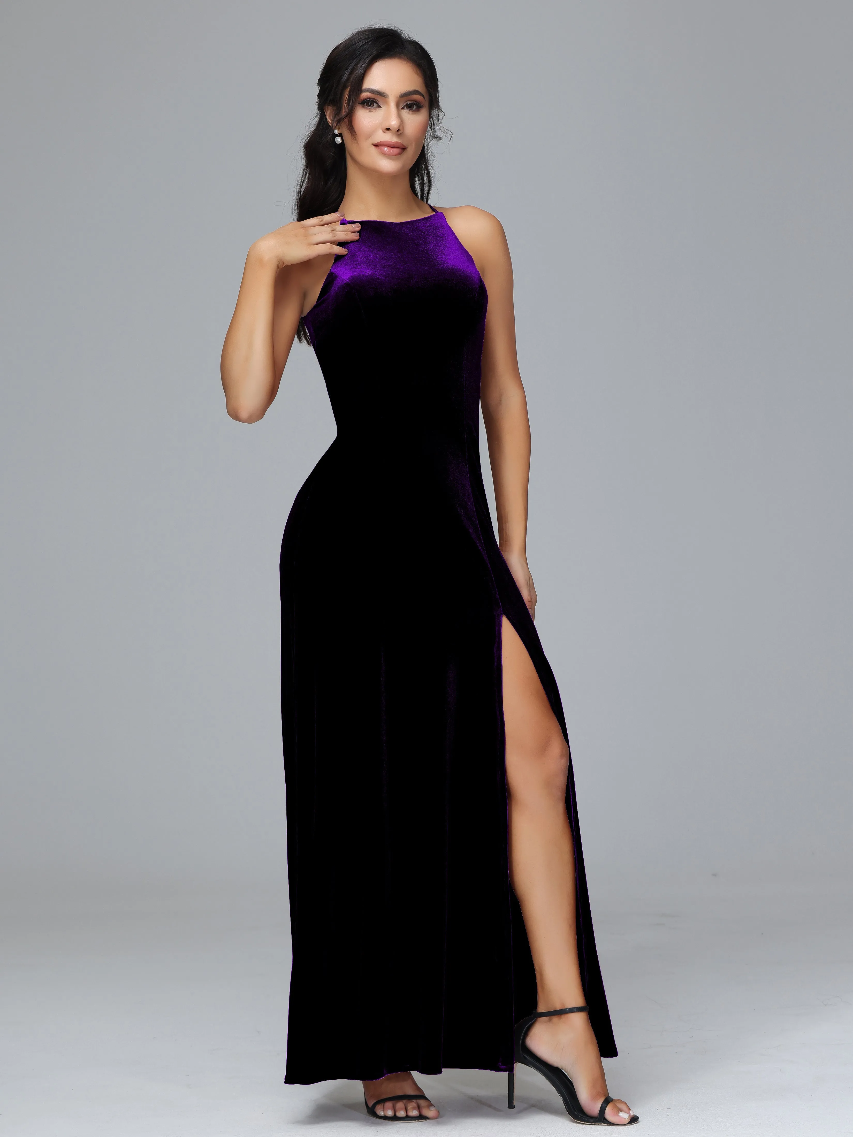 Halter Sleeveless Velvet Plus Size Bridesmaid Dresses With Split