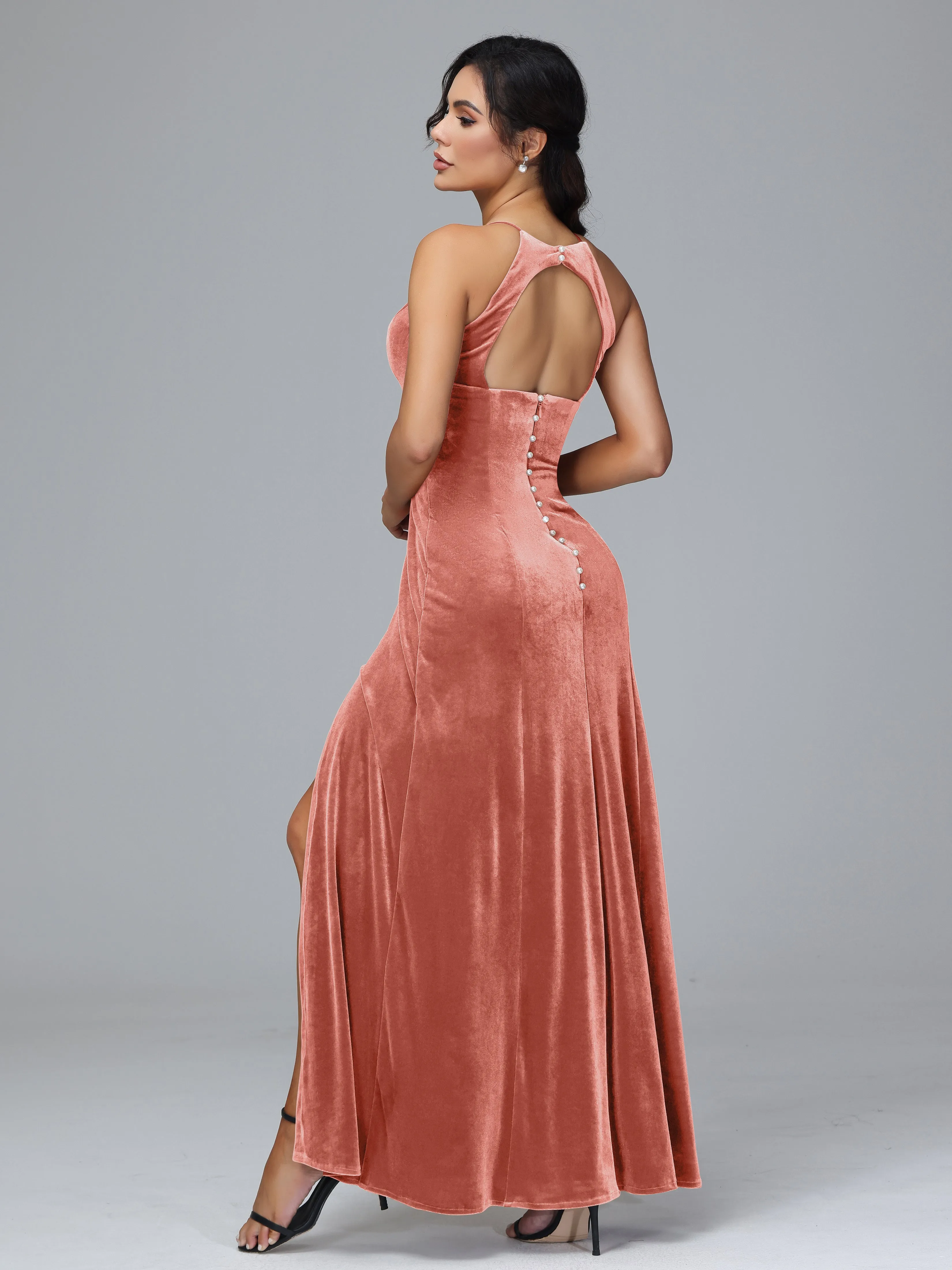 Halter Sleeveless Velvet Plus Size Bridesmaid Dresses With Split